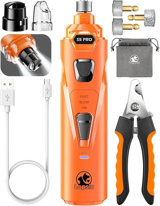 Whisper Quiet Dog Nail Grinder with 4 LED Lights, Safe & Stress-Free for Sensitive Dogs of All Breeds & Sizes, 3 Grinding Bits, 3-Speed, Pet Nail Trimmers, Rechargeable Painless Grooming Kit Orange