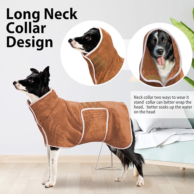 Dog Bathrobe Towel Dog Drying Coat - Super Absorbent Towels Bath Robe for Dogs Large, Soft Adjustable Collar & Belly Strap Fast Drying Coat Pet Cat Bath Robe (Brown, Medium)