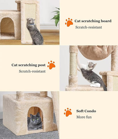 SYANDLVY Cat Tree for Indoor Cats Large Adults, Modern Activity Tower with Scratching Posts & Board, Condo with Plush Perch, Climbing Stand with Cradle & Hanging Ball for Play, Beige