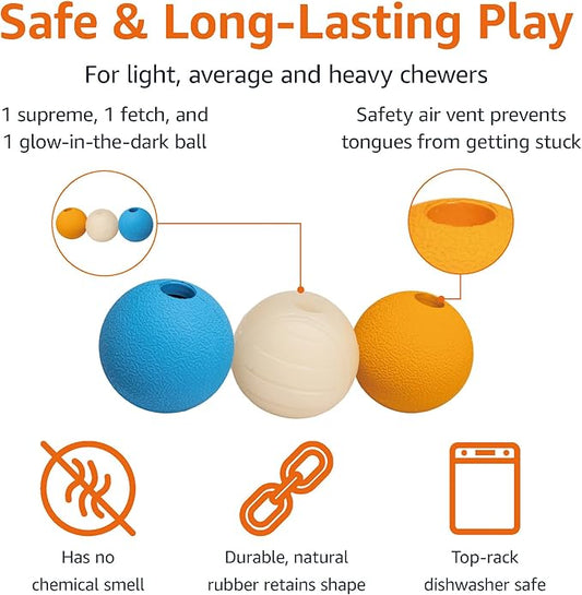 Amazon Basics Interactive Bouncy Durable Rubber Dog Toy Balls, 2.5 inch, Blue, Beige, Orange, Pack of 3