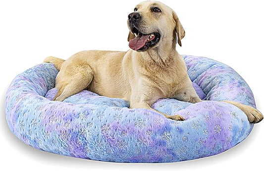 39 Inch Christmas Snowflakes Calming Dog Bed for Large Dogs, Round Anti-Anxiety Warm Bed, Soft Cozy Anti-Slip Donut Washable Pet Bed, Fits up to 100 lbs Pets