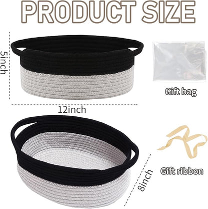 Woven Basket,Small Rope Storage Bin with Handles & Ribbon Bag, Organizer for Shelves Closets,Gift Basket Empty for Birthday,Books,Dog Toys, Black&Grey/3 Pack