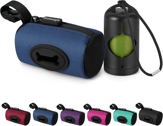 Gobeigo【Easy Pull-Out Version】 Dog Poop Bag Holder,【2-in-1 Hard Plastic Insert & Soft Fabric Bag】Snap-On Strap Dispenser Fits Retractable and Standard Leashes with 1 Roll Bags (Navy Blue)