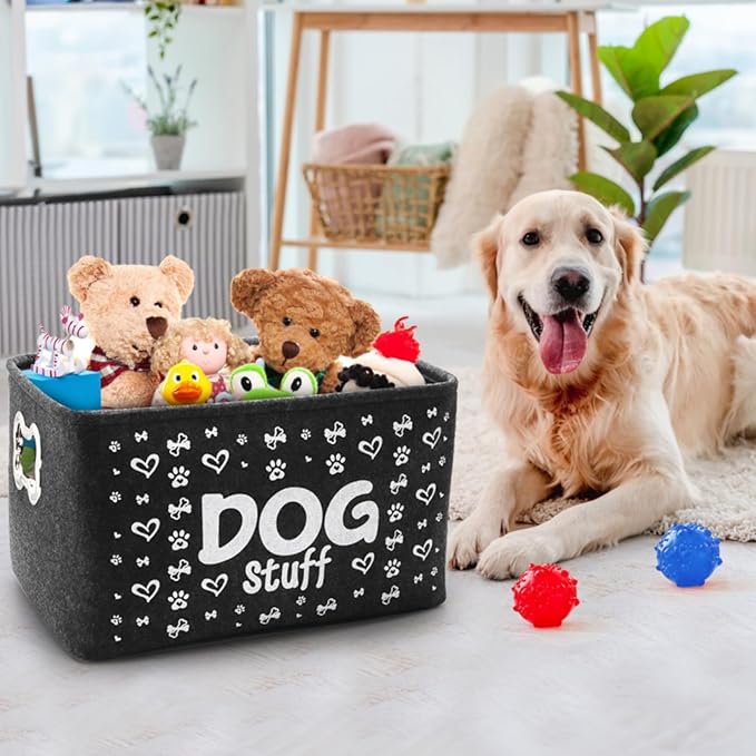 3 Pack Dog Toy Bin Basket, Large Pet Puppy Storage Bin Box with Handles, Collapsible Felt Storage Bin Basket for Dog Toys, Blankets, Pet Supplies Storage, Dog Room Decor