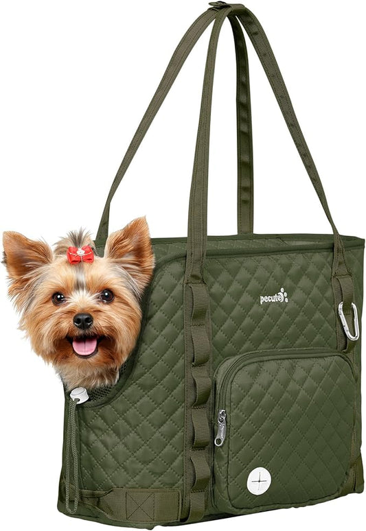 Pecute Dog Purse Carrier, Dog Carrier with Pockets for Small Dogs, Fits Dogs 5 lbs to 9 lbs, Cat and Puppies Tote Bag, Outing, Travel, Vet, Green