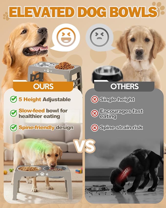 Elevated Dog Bowls, Non-Slip Dog Feeder with 1*Stainless Steel Dishes & 1*Slow Feeder Bowl, 5 Heights Adjustable Raised Bowls for 3.15″-8.66″-9.84″-11.02″-12.2″