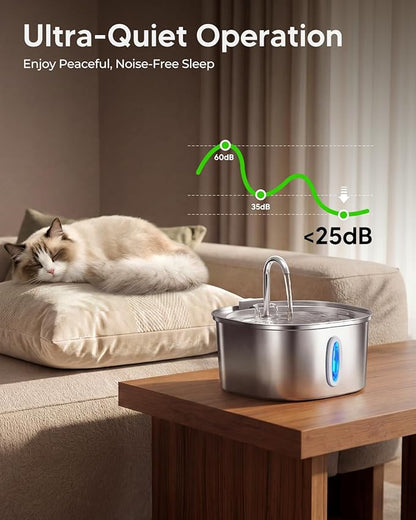 PEKTACO Stainless Steel Cat Water Fountain, 3.2L/108oz Cat Water Dispenser with Quiet Water Pump and Water-Level Window, Dishwasher Safe Pet Drinking Fountain for Cats with 6 Filters + 6 Sponges