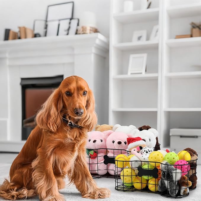 Vesici 2 Pack Metal Dog Toy Baskets Bone Shaped Dog Toy Storage Bins Container for Living Room Pet Chew Toys Chest Organizer Holder 16 x 12 x 6 Inch &15 x 11 x 6 Inch