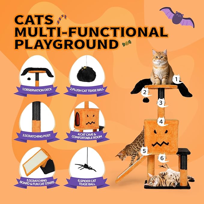 VINGLI 39.4in Halloween Cat Tree, Cat Tree Tower with Sisal-Covered Scratching Posts & House Cave & Platform Beds Side & Scratch Board, Tall Kittens Pet House w/Hanging Balls Spider, Black & Orange