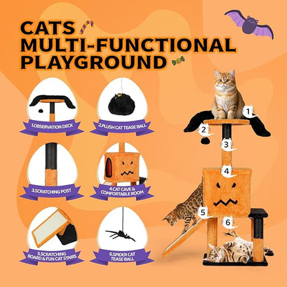 VINGLI 39.4in Halloween Cat Tree, Cat Tree Tower with Sisal-Covered Scratching Posts & House Cave & Platform Beds Side & Scratch Board, Tall Kittens Pet House w/Hanging Balls Spider, Black & Orange