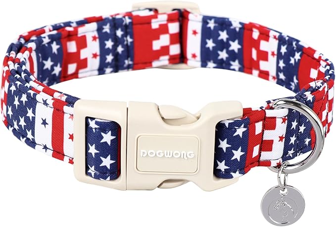 DOGWONG Cotton Dog Collar - 4th of July Patriotic Puppy Necklace for Small to Large Dogs, Soft Natural Fabric, Blue Star