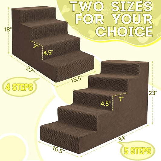 Niubya Dog Stairs for Small Dogs and Cats,18'H Non-Slip Bottom Pet Steps for High Beds and Couch,High-Density Foam Pet Stairs Brown,4 Steps