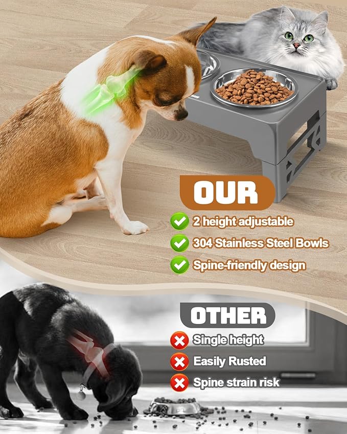 Elevated Dog Bowls for Small Dogs and Cats, Dog Feeder with 2 Thick 5.5" Stainless Steel Dishes, Non-Slip 2 Heights Adjustable to 2.6"-5.3"