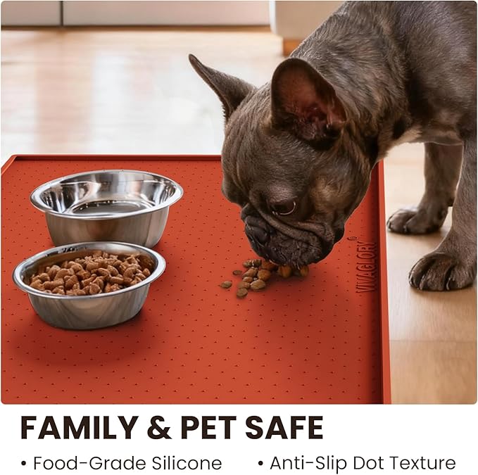 VIVAGLORY Dog Bowl Mat Grippymat Pet Food Mat, Waterproof Washable Nonslip Silicone for Pet & Cat, Food and Water Placemat with Lip & Raised Edges for Indoor Floor, S, Orange