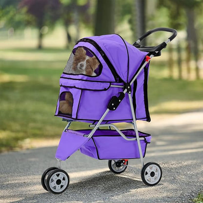 3 Wheels Dog Stroller, Foldable Pet Stroller for Small Medium Dogs, Portable Breathable Cat Stroller Dog Strollers with Storage Basket, Cup Holders, Removable Liner for Travel & Outdoor Use, Purple