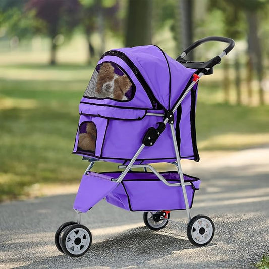 3 Wheels Dog Stroller, Foldable Pet Stroller for Small Medium Dogs, Portable Breathable Cat Stroller Dog Strollers with Storage Basket, Cup Holders, Removable Liner for Travel & Outdoor Use, Purple
