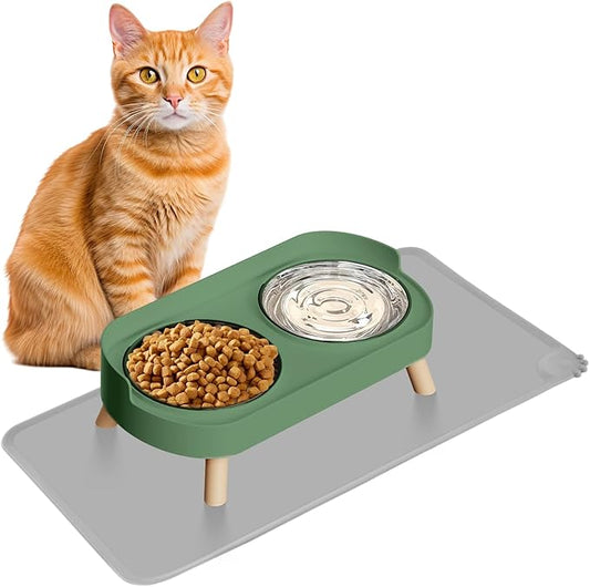 Elevated Cat Bowl with Food Mat, Raised Cat Food and Water Bowl Set for Indoor Cats, Splash Proof with 2 Stainless Steel Pet Food Bowls for Cats and Puppies,Whisker Fatigue and Dishwasher Safe (Green)
