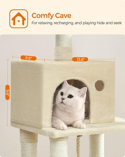 Feandrea Cat Tree, 44.1-Inch Cat Tower for Indoor Cats, Multi-Level Cat Condo with 11 Scratching Posts, 2 Perches, Cave, Hammock, Beige UPCT215M01