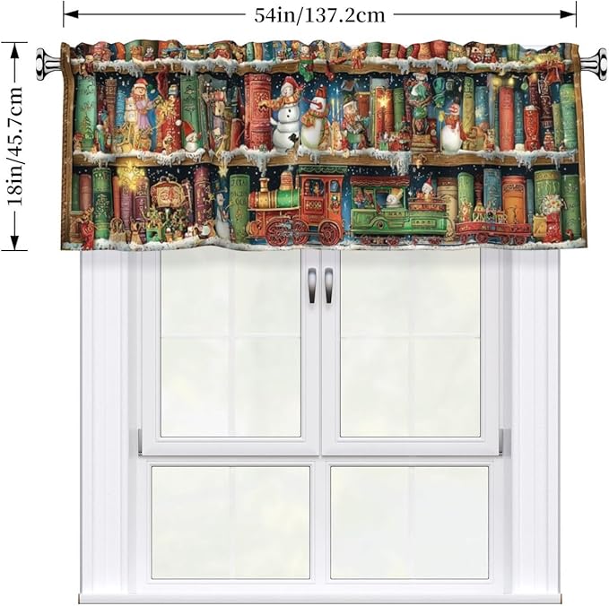 Worltoldb Christmas Bookshelf Curtain Valance Short Rod Pocket Window Treatment for Living Room Bedroom Kitchen Bathroom 1 Panel 54" W x 18" L