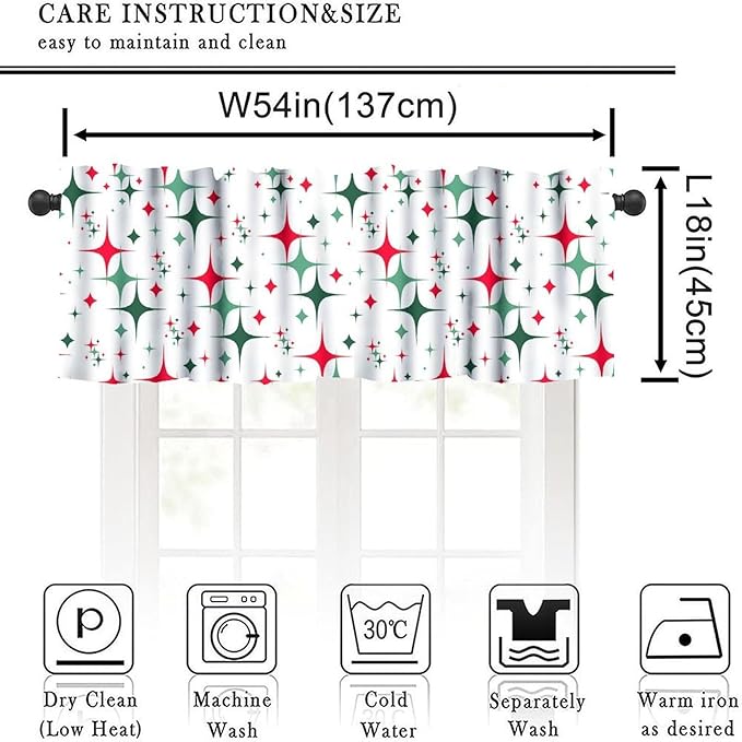 Mid Century Curtain Valance, 1950S 60S Christmas Design Retro Abstract Geometric Vintage Classic Window Valance Curtains for Farmhouse Bedroom Living Room Kitchen 54x18inch