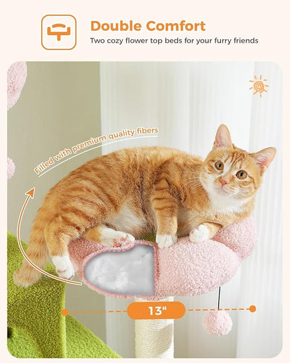 MUTTROS Flower Cat Tree, 70.9-inch Tall Cat Tower in Blossom Pink with 2 Condos & Large Hammock, Whimsical Cat Activity Center with Pom Poms for Indoor Cats