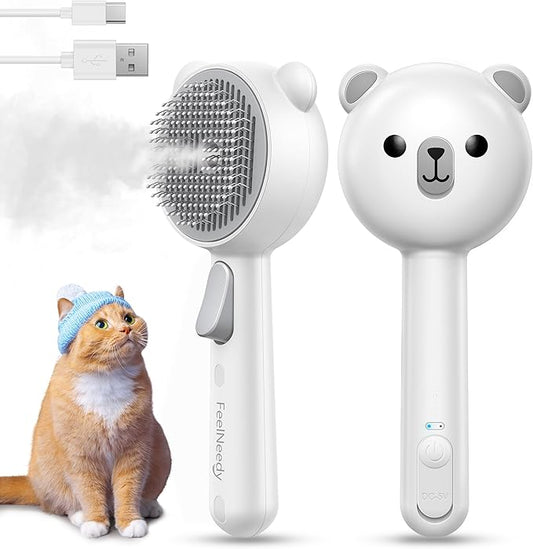 FEELNEEDY Cat Steam Brush, Brushes for Indoor Cats with Release Button, Dual Speed Spray USB Rechargeable Grooming Supplies, Cat Brush for Shedding Suitable for All Long-haired and Short-haired Pets
