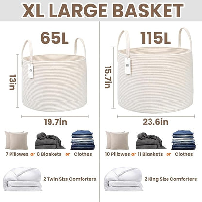 65L Extra Large Blanket Basket for Living Room - Woven Cotton Rope Laundry Hamper with Reinforced Handles - Storage Bin for Pillows, Comforters & Toys - Machine Washable,White