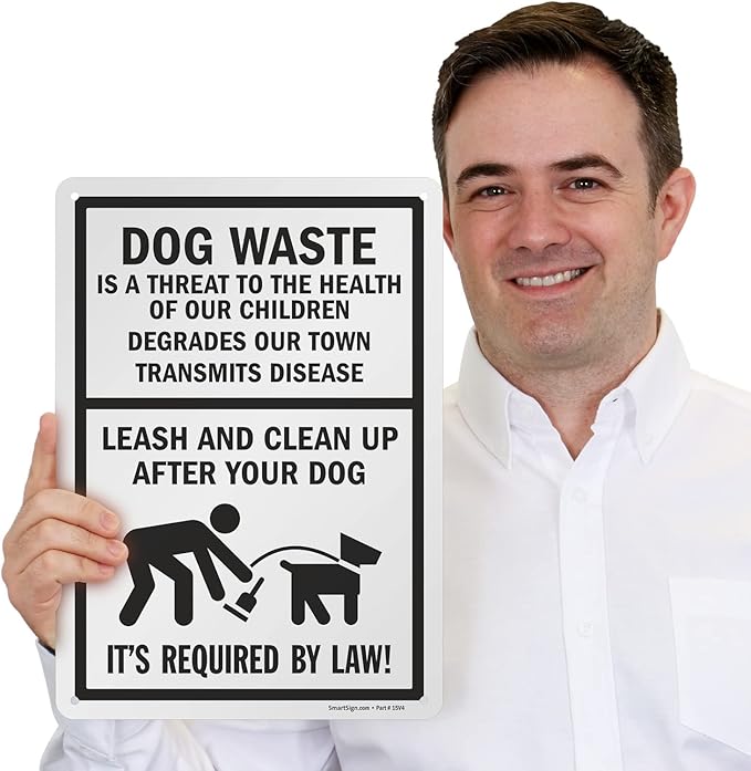SmartSign 14 x 10 inch “Dog Waste Is A Threat - Leash And Clean Up After Your Dog” Metal Sign, 40 mil Laminated Rustproof Aluminum, Black and White, Made in USA