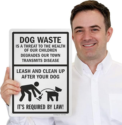 SmartSign 14 x 10 inch “Dog Waste Is A Threat - Leash And Clean Up After Your Dog” Metal Sign, 40 mil Laminated Rustproof Aluminum, Black and White, Made in USA