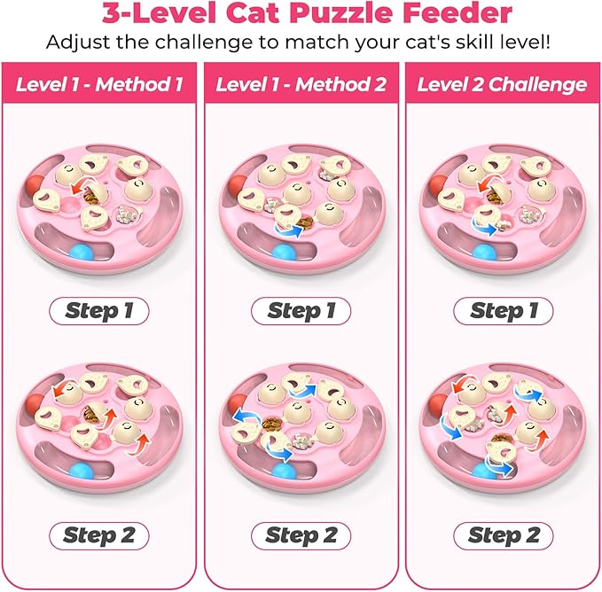 Cat Puzzle Toys Games Level 3 in 1 with Track Balls, Feather Teaser & Treat Feeder | Non-Slip Base | Mental Stimulation Enrichment for Indoor Cat, Dogs | Kitty Gift, Pink