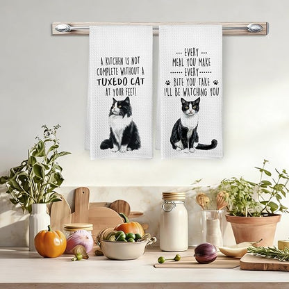 Funny Tuxedo Cat Kitchen Towels, Tuxedo Cat Mom Lady Lovers Gifts for Women Hand Towels, Gifts for Pet Lovers Dishcloths Dish Towel for Kitchen 16x24 Inches Set of 2