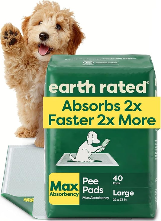 Earth Rated Puppy Pads, Max Absorbency Pee Pads for Dogs, Absorbs 2X Faster & 2X More, Leak Prevention, Potty Training, Fragrance-Free, Unscented, Regular [L], 22” x 23”, 40 Count