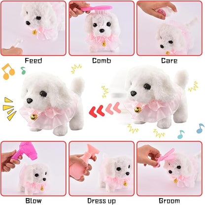 14PCS Dog Toys for Kids, Walking Barking Electronic Interactive Plush Puppy Toy with Pushcart and Accessories, Pet Care Toy Set for Kids, for Girls and Boys 3 4 5 6+ Year Old