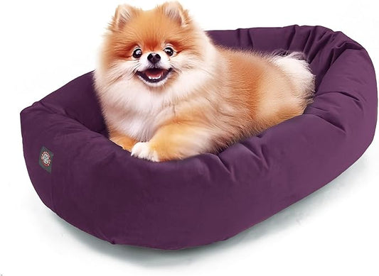 Majestic Pet 24 Inch Micro Velvet Calming Dog Bed Washable – Cozy Soft Round Dog Bed with Spine for Head Support - Fluffy Donut Puppy Mat 24x19x7 (inch) Small – Aubergine (2025)