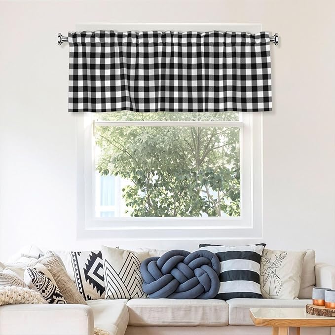 Black and White Checkerboard Curtain Valance Short Rod Pocket Window Treatment for Living Room Bedroom Kitchen Bathroom 1 Panel 54" W x 18" L
