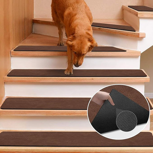 Rubber Carpet Stair Treads Non Slip Set of 15, 8"x30" Stairway Mat Stair Rug, Reusable Staircase Covers Step Pads for Pet, Kids and Elderly, Deep Brown