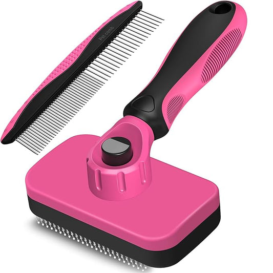 2PCS Self Cleaning Slicker Brush & Dog Comb - Skin Friendly Deshedding Grooming Tool for Dogs, Cats and Small Animals, Professional Deshedding Dematting Tool for Long and Short Haired Pets (Red)