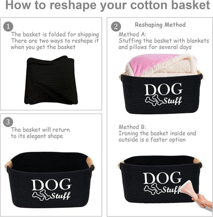 Durable Cotton Rope Dog Toy Storage, Large Dog bin, pet Bed, Puppy Toy Box - Perfect for organizing pet Toys, Blankets, leashes, Clothing and Any Doggie Stuff - Black