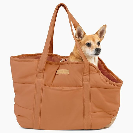 Plush Dog Purse Carrier for Small Dogs, Soft Dog Tote Bag with Safety Harness Clip, Cozy Pet Carrier for Dogs Under 15 lbs, Comfortable Dog Shoulder Carrier for Travel, Brown