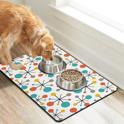 Dog Food Mats for Floors Absorbent, Cat Food Mat - Pet Cat Feeding Mat Quick Dry, Dog Bowl Mats for Water, Pet Supplies Feeding Placemat 16" x 24" Mid-Century Atomic