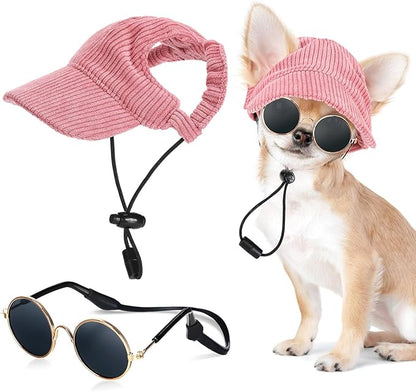 Jadive Small Dog Sun Hat with Ear Holes, Dog Cat Sunglasses with Anti-Slip Silicone Rope Baseball Cap Adjustable Puppy Sunbonnet Headdress Beach Visor Hat for Puppies Summer Outdoor(Pink)