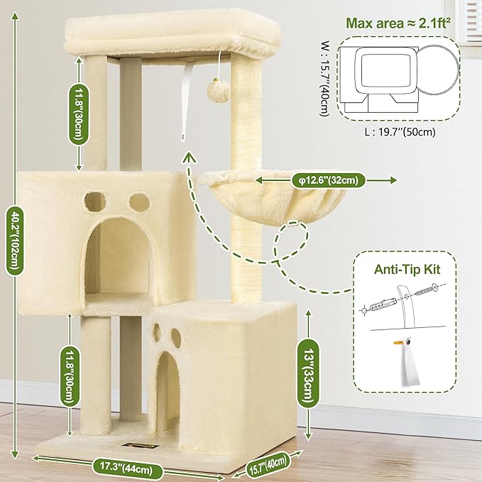 Small Cat Tree Tower for Indoor Cats, 40 in Medium Compact Adults Cat Beds Trees with 2 Condos, Sisal Scratching Post, Large Perch Platform, Multi-Level Kitty Kitten Climbing Stands House(Beige)