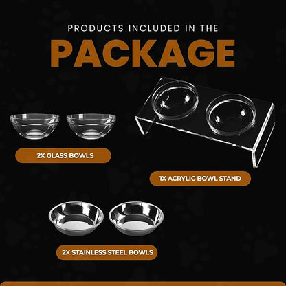 Acrylic Elevated Dog Cat Bowls Pet Feeder Double Bowl Raised Stand Comes with 2 Removable Glass Bowls and 2 Stainless Steel Bowls.Perfect for Large Dogs, 7.2" Tall