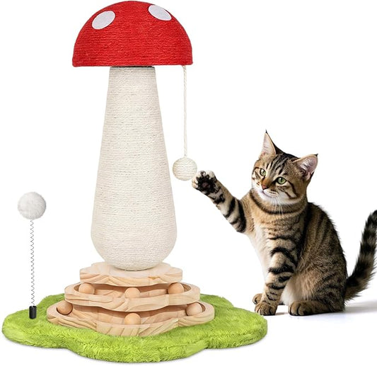 Mushroom Cat Scratching Post Cat Tree, Cute Cat Scratcher Tower with Interactive Ball Two-Layer Track Spring Ball Toys, Mushroom Scratch Post Cat Sisal Scratcher with Catnip for Indoor Cats