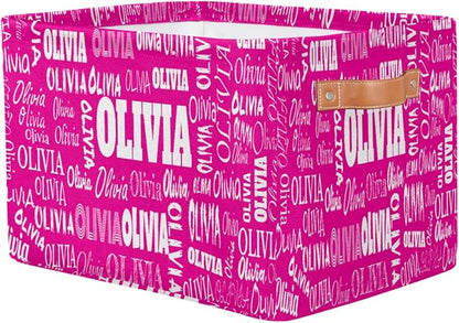 Personalized Foldable Storage Basket with Name, Laundry Hamper Dirty Clothes Pet Toys Storage Bin with Handles for Shelf Home Closet Kitchen, Deep Pink Color