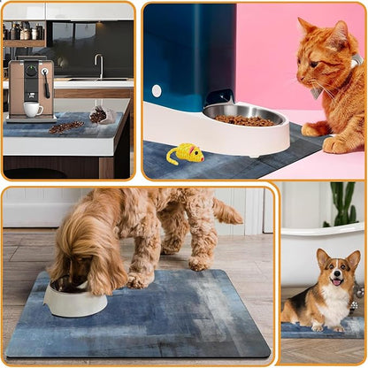 Dog Food Mats for Floors Absorbent, Cat Food Mat - Pet Cat Feeding Mat Quick Dry, Dog Bowl Mats for Water, Pet Supplies Feeding Placemat 12" x 20" Tie-Dye Dark Blue