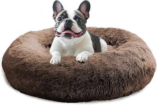 JOLLYVOGUE Calming Dog Beds Large Sized Dog, 36in Donut Washable Large Pet Bed, Anti-Slip & Anti-Anxiety Fluffy Faux Fur Round Dogs Bed, Fits up to 80 lbs Pets (Coffee)
