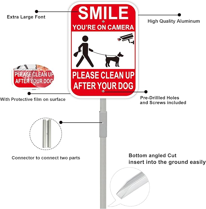 2Pack Clean UP After Your Dog Signs with 28-inch Metal Stake, 12x8 Inches, Smile You're on Camera, No Pooping Signs for Yard Aluminum