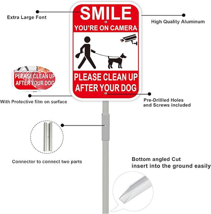 2Pack Clean UP After Your Dog Signs with 28-inch Metal Stake, 12x8 Inches, Smile You're on Camera, No Pooping Signs for Yard Aluminum