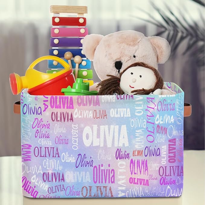Personalized Storage Basket with Name, Rectangle Toys Storage Bin with Handles for Baby, Boys, Girls, Collapsible Basket for Clothes, Books, Light Blue Purple Colorful Galaxy